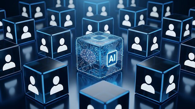 Artificial Intelligence cube stands out amongst user icons, representing AI's role in managing and analyzing large datasets of people and information.