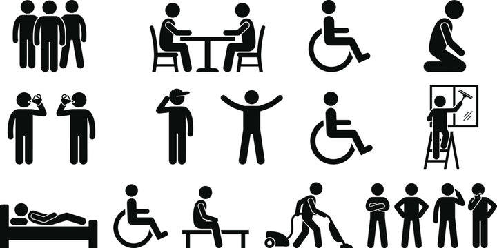 Stick figure pictogram icon set depicting everyday human activities, disability accessibility, household chores, and social interactions