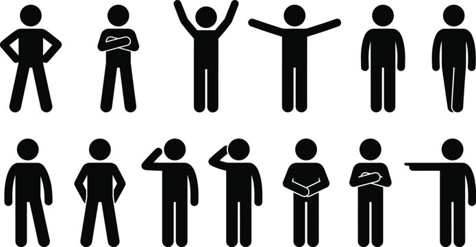 Stick figure pictogram icon set illustrating various standing poses, human body language, gestures, and communication expressions