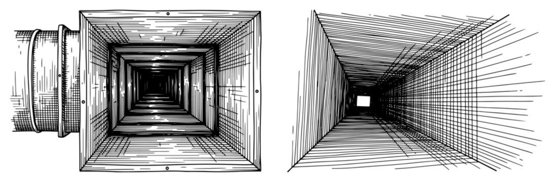 Industrial Ventilation Duct Perspective Set, Technical Air Shaft and Square Tunnel Illustration, Hand Drawn Engraving and Wireframe Sketch