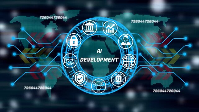 ai development concept with futuristic digital business interface, professional motion graphics for corporate management on black background. 4k video