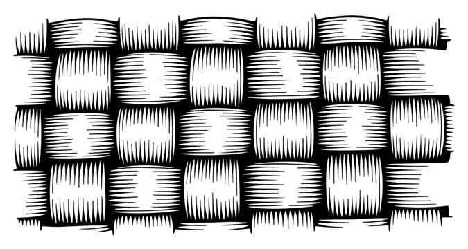 Woven Basket or Fabric Texture Pattern, Vintage Engraving Style Wicker Weave Background, Hand Drawn Interlocking Fiber Illustration