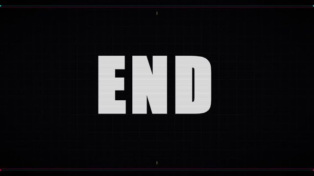 Digital Glitch Effect Text Animation Featuring The Word End On A Black Background.