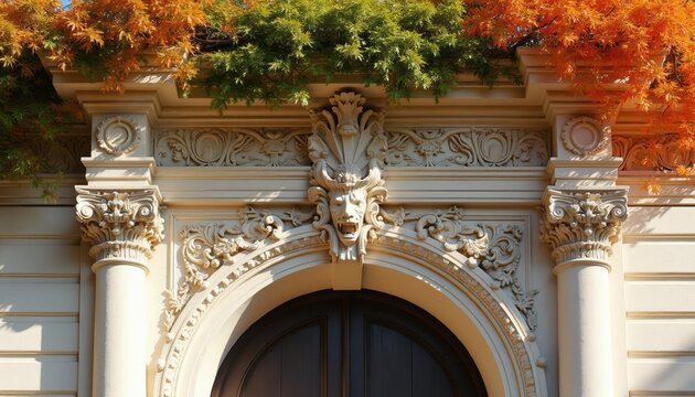 Old building facade stone carving with gargoyle and autumn leaves. Ornate entryway details, architectural elements, ornate columns, decorative carving, autumnal foliage.