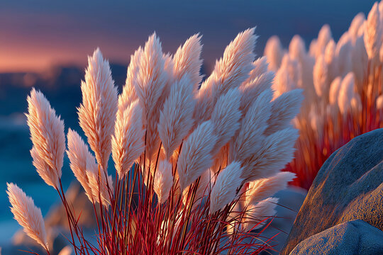 Feathery Pampas Grass Glowing in Golden Hour Light
