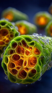 Microscopic View of Glowing Organic Cells
