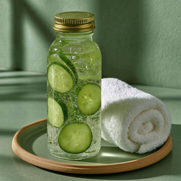 Refreshing Cucumber Infused Water and Rolled White Towel for Spa Wellness
