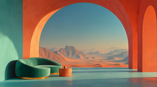 Surreal living room with terracotta arches overlooking a vast desert landscape at dawn