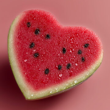 Heart Shaped Watermelon Slice with Fresh Water Droplets on Pink Surface