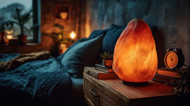 Himalayan salt lamp glowing on wooden nightstand beside a comfortable bed