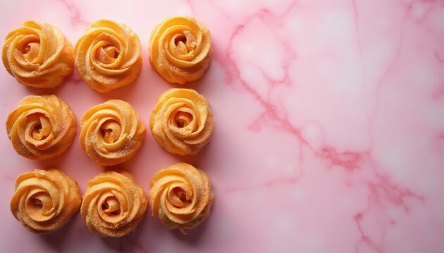 Nine rose-shaped pastries arranged neatly on pink marble surface. Sweet baked goods light golden brown color, lightly dusted with sugar spice. Image features ample copy space on right side, ideal for