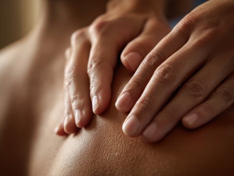 Gentle hands applying a soothing massage on the bare back of a person to relieve stress and promote relaxation in a calm environment