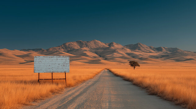 Empty Road Leading Through Golden Grass Towards Distant Mountains under a Clear Sky