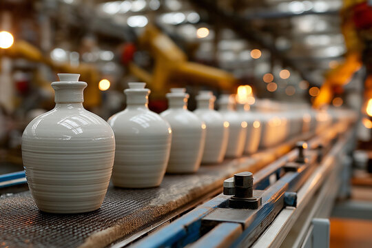 White Ceramic Bottles Moving on an Automated Factory Conveyor