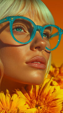 Summer Portrait of Woman in Blue Glitter Glasses with Sunflowers