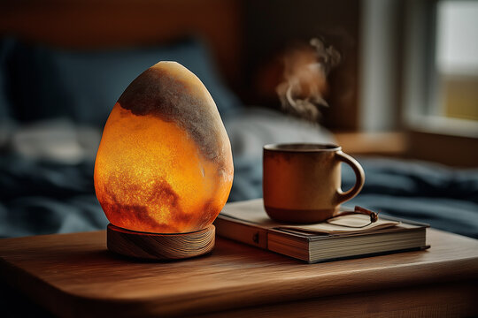 Warm Glowing Salt Lamp and Steaming Mug on Wooden Table