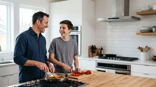 father and son cooking