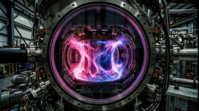 nuclear energy innovation, a luminous fusion reactor emits vibrant pink and blue plasma in a vacuum chamber