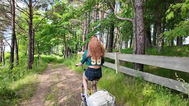Woman riding adult tricycle along forest path on sunny summer day, active outdoor lifestyle