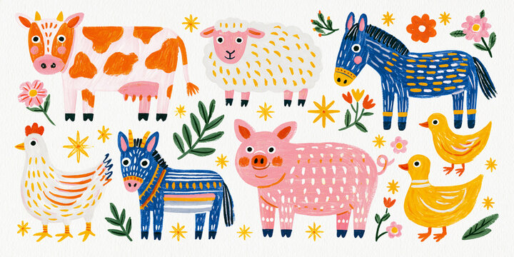 Colorful farm animals including cows, sheep, pigs, and chickens with flowers.