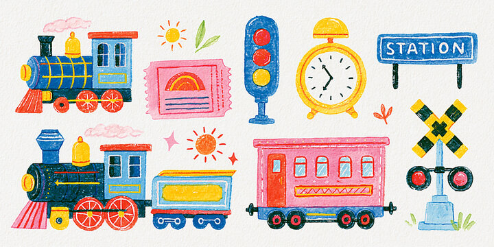 Colorful illustration of a train station scene featuring a vintage train.