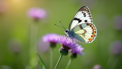 Fototapeta premium Close-up macro shot of white butterfly on purple thistle flower in green meadow. Insect collects nectar on sunny day. Delicate nature detail, wildlife macro photography.