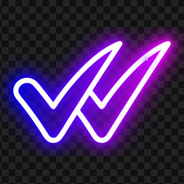 Glowing neon double check mark vector symbol on dark background