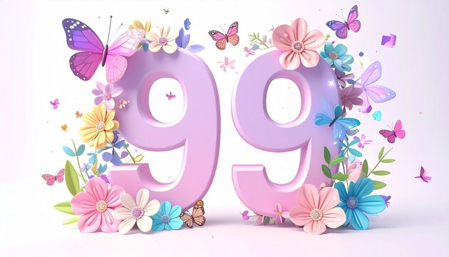 Colorful floral arrangement with butterflies and number 99.