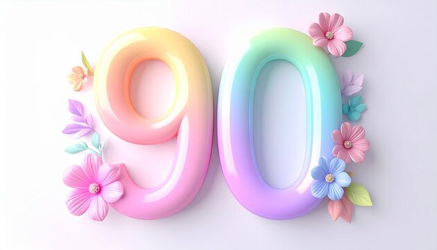 Colorful 3D number ninety with flowers.