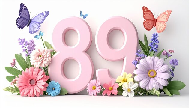 Pink number eighty-nine with colorful flowers.
