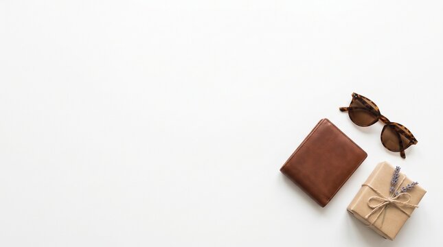 A brown leather wallet, stylish sunglasses, and a small gift-wrapped package are neatly arranged on a plain white surface. The gift is tied with twine and decorated with a sprig of dried lavender.
