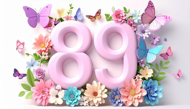 Colorful floral arrangement with butterflies and number eighty-nine.