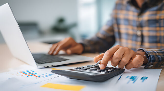 Accountant reviewing financial report and tax documents on laptop while using calculator for account analysis, real estate investment planning, expense management, and reporting workflow