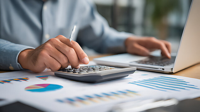 Accountant reviewing financial report and tax documents on laptop while using calculator for account analysis, real estate investment planning, expense management, and reporting workflow