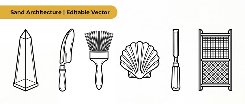 Sand castle sculpting tools vector icons set featuring obelisk trowel brush seashell chisel sifter grid for beach sculpture hobby crafts outline design element isolated on white background banner