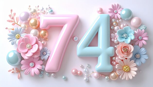 A pastel floral arrangement surrounds large numbers seventy four on a white surface.