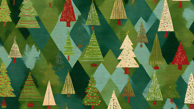 christmas tree seamless pattern,Green and brown Christmas background with christmas trees,seamless pattern of christmas trees and rhombus background,Christmas wrapping paper, Xmas pattern with ornamen