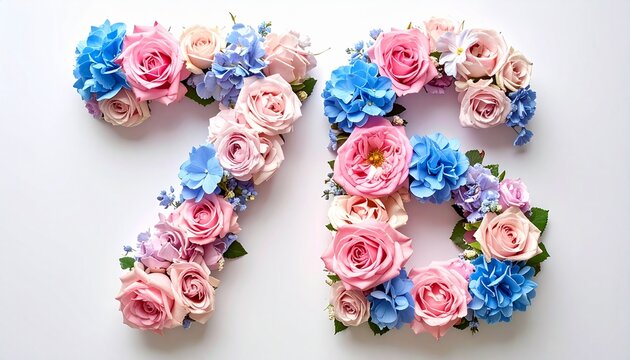 Pink and blue floral arrangement forms the number 42 on a surface