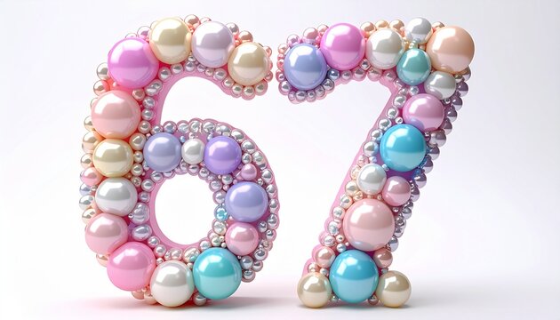 Colorful pearls decorate the numbers sixty seven on a white surface