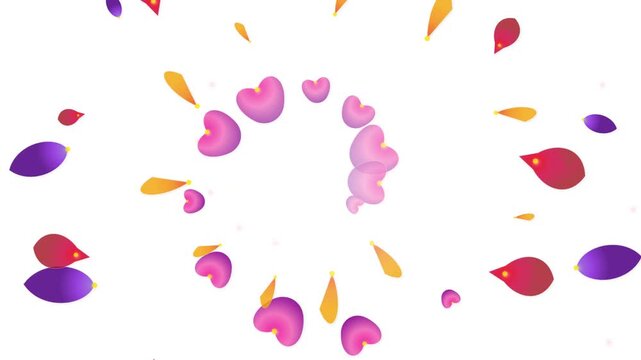 Animated colorful petals and hearts exploding outwards on a white background.