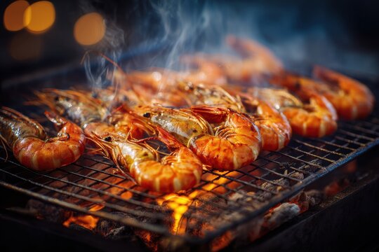 Juicy prawns sizzling on a charcoal grill with smoke rising, showcasing a delicious seafood barbecue feast over glowing embers at a cozy outdoor gathering