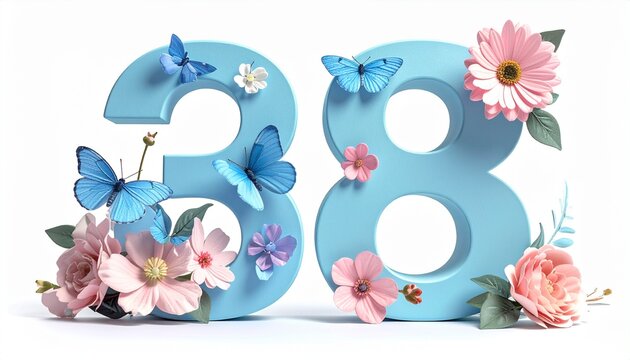 Blue number thirty-eight with butterflies flowers.