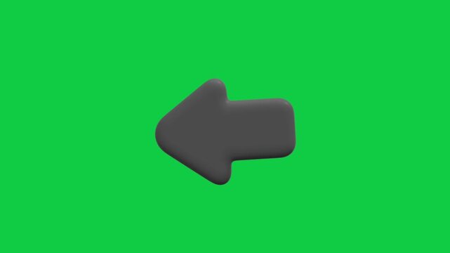 Dark Grey Left Arrow Pointer Animated Icon. Animated 3D styled glossy dark grey arrow icon pointing left, representing back navigation, return direction, and previous page website actions.
