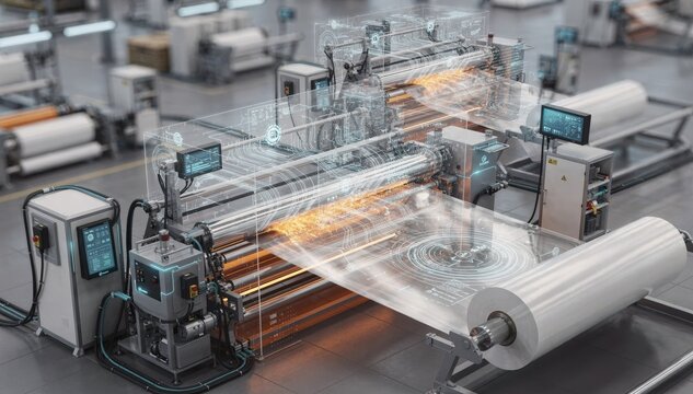 Edgecomputing setup with a digital twin analyzing extrusion parameters onsite showing local data processing to reduce latency and improve film production efficiency.