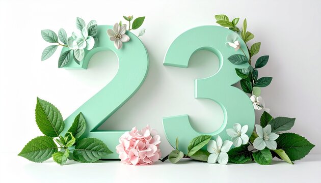 A decorative arrangement of green numbers and flowers on a white surface