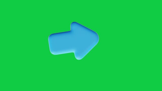 Blue Right Arrow Pointer Animated Icon. Animated 3D styled glossy blue arrow icon pointing right, representing next page, forward navigation, and progress on green screen.