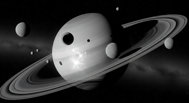 Detailed monochrome rendering of planet Saturn with wide layered icy rings and several large and small orbiting moons, set against deep dark empty space with faint distant stars. Space astronomy conce
