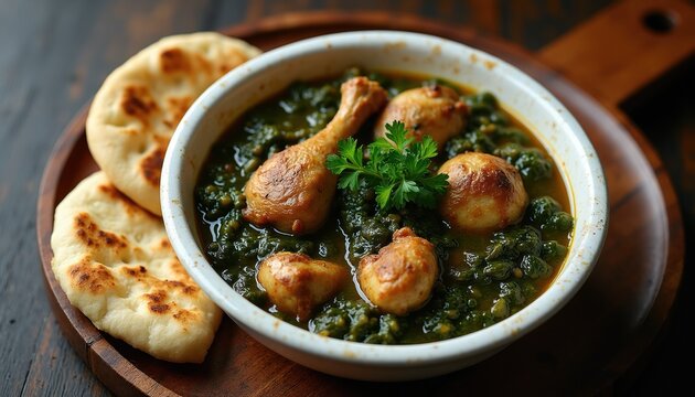 Rich Egyptian molokhia stew with tender chicken pieces and fluffy flatbread. Hearty green soup served in a rustic bowl, a healthy traditional meal.