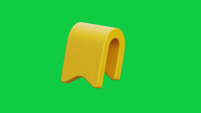 Curved Yellow Bookmark Ribbon Animated Icon. Animated 3D styled yellow bookmark ribbon icon representing saved items, favorites, memory tag, and reading progress on green screen.