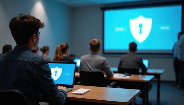 Students attend class learning cybersecurity. Laptops display shields. Projector shows security symbol. Future tech workers get network defense training.